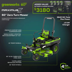 60V Electric Riding Lawn Mower with 6 Batteries and Wall Charger