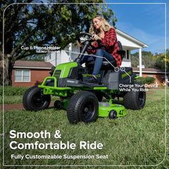 60V Cordless Riding Lawn Mower with Four Batteries and Wall Charger