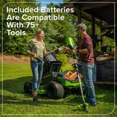 60V Cordless Riding Lawn Mower with Four Batteries and Wall Charger