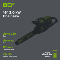 80V Cordless Chainsaw 16-Inch with 4.0Ah Battery and Charger
