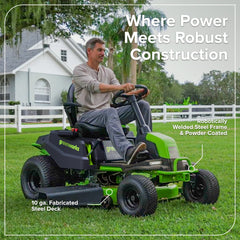 60V Cordless Riding Lawn Mower with Four Batteries and Wall Charger