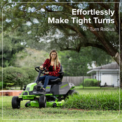 60V Cordless Riding Lawn Mower with Four Batteries and Wall Charger