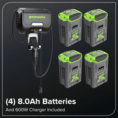 60V Cordless Riding Lawn Mower with Four Batteries and Wall Charger