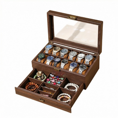 Vintage Wood Grain Black Walnut Leather Watch & Jewelry Box