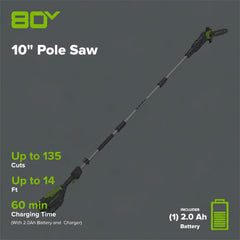 80V Cordless Pole Saw with 14-Foot Reach, 2.0Ah Battery and Charger