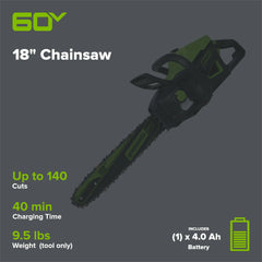60V Cordless Chainsaw 18-Inch with 4.0Ah Battery and Charger