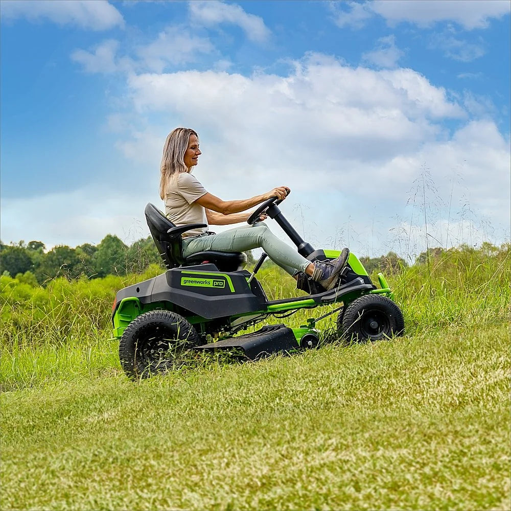 80V Cordless Riding Lawn Mower with Six Batteries and Dual-Port Turbo Chargers