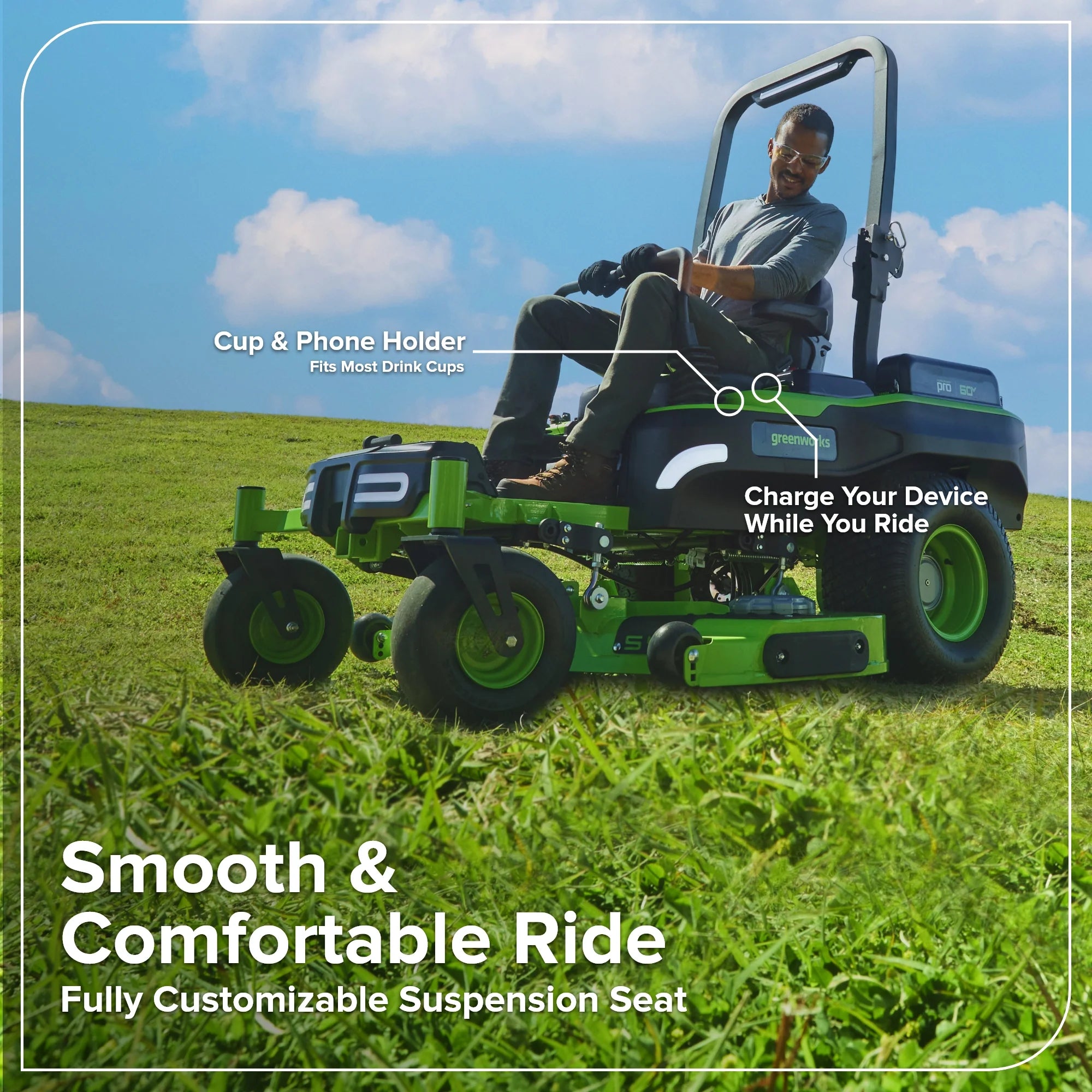 60V Cordless Zero Turn Riding Lawn Mower with 6 Batteries and Charger
