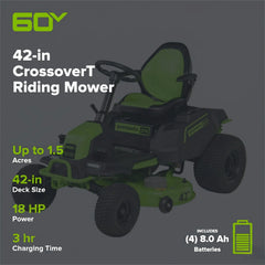 60V Cordless Riding Lawn Mower with Four Batteries and Wall Charger