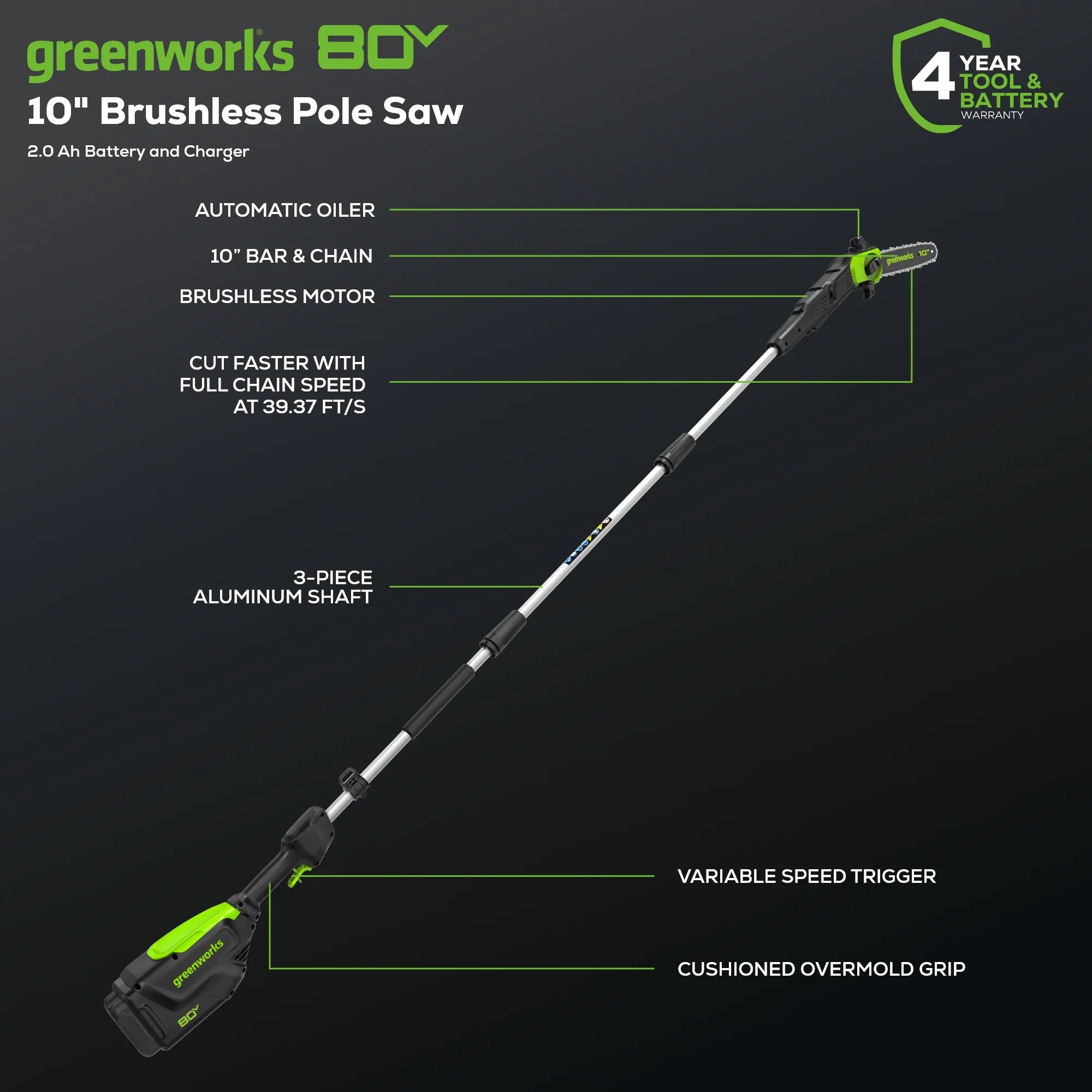 80V Cordless Pole Saw with 14-Foot Reach, 2.0Ah Battery and Charger