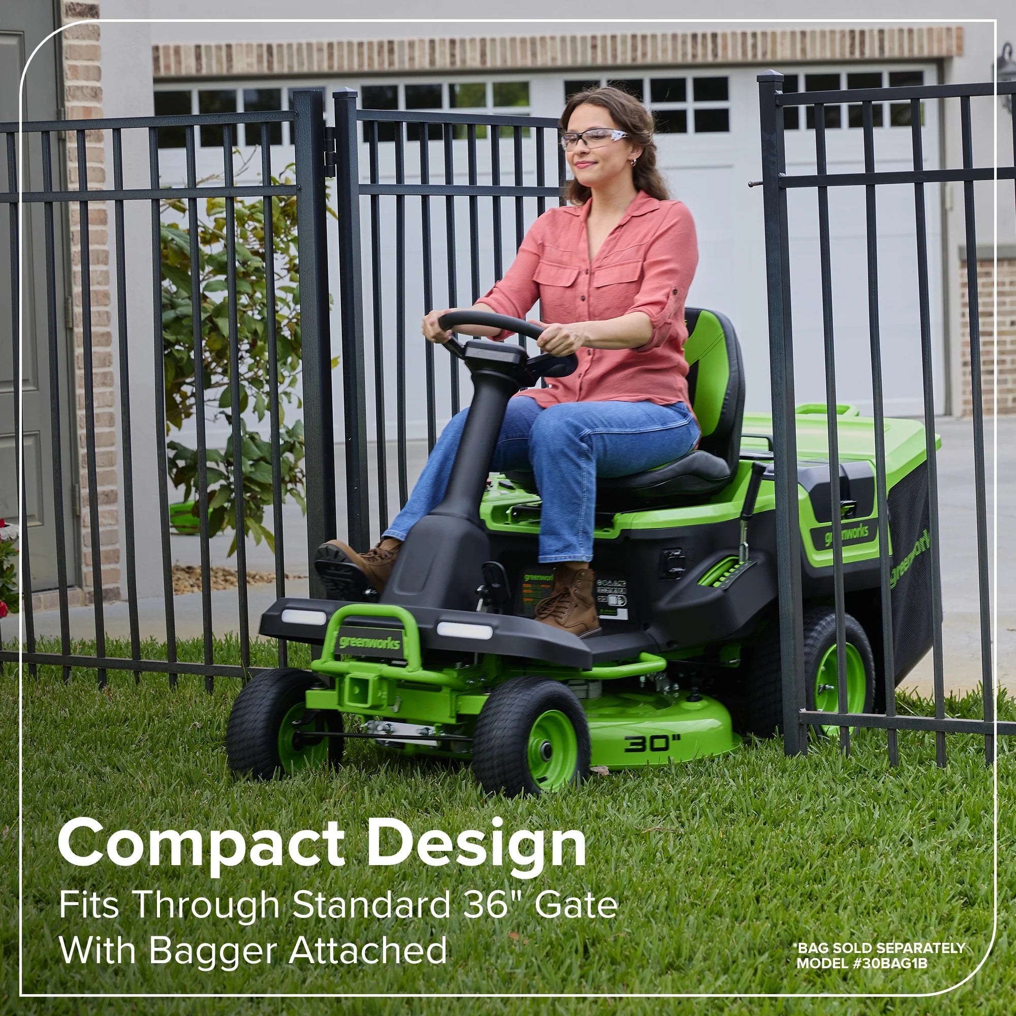 80V Compact Cordless Riding Lawn Mower with Four Batteries and Turbo Wall Charger