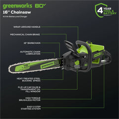 80V Cordless Chainsaw 16-Inch with 4.0Ah Battery and Charger