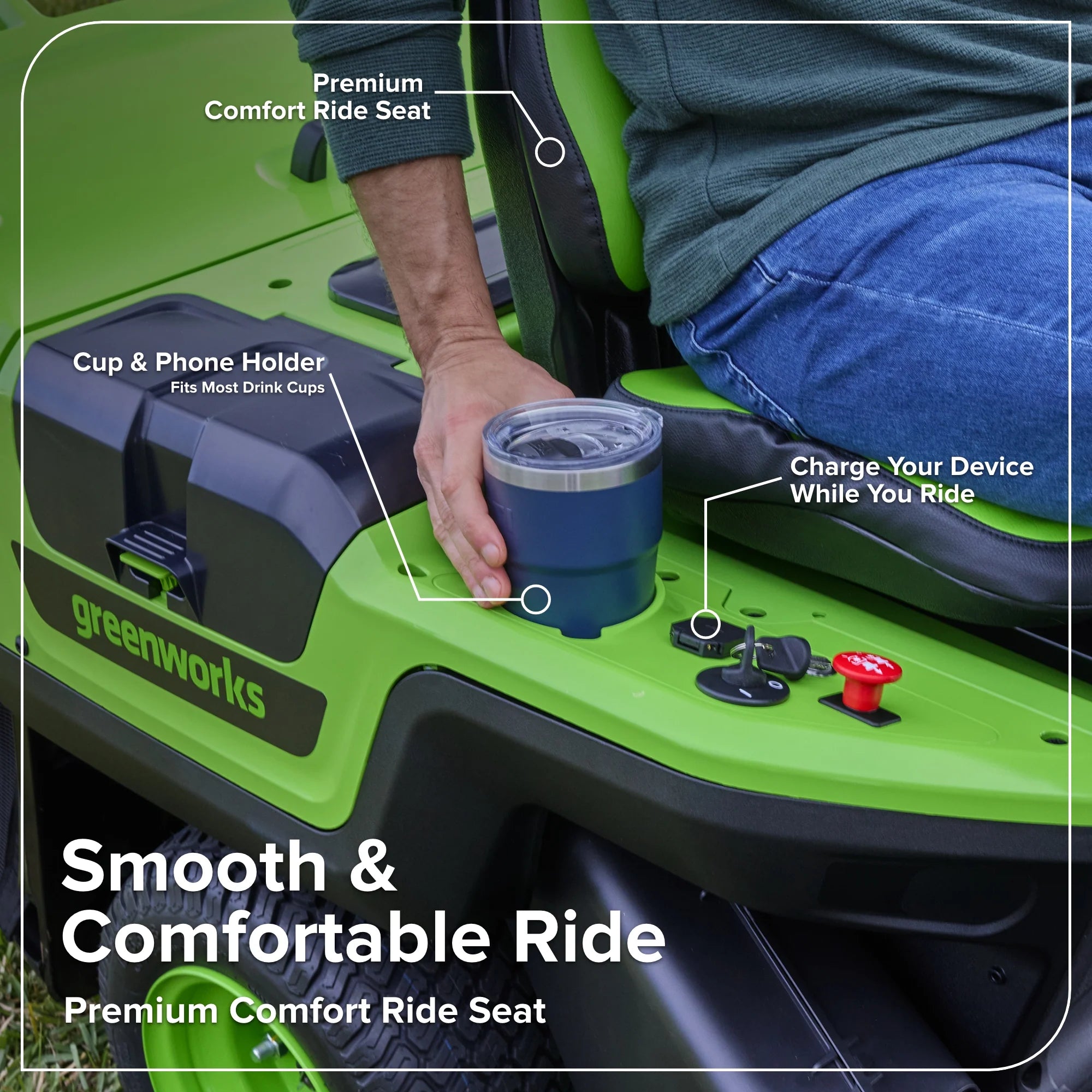 80V Compact Cordless Riding Lawn Mower with Four Batteries and Turbo Wall Charger