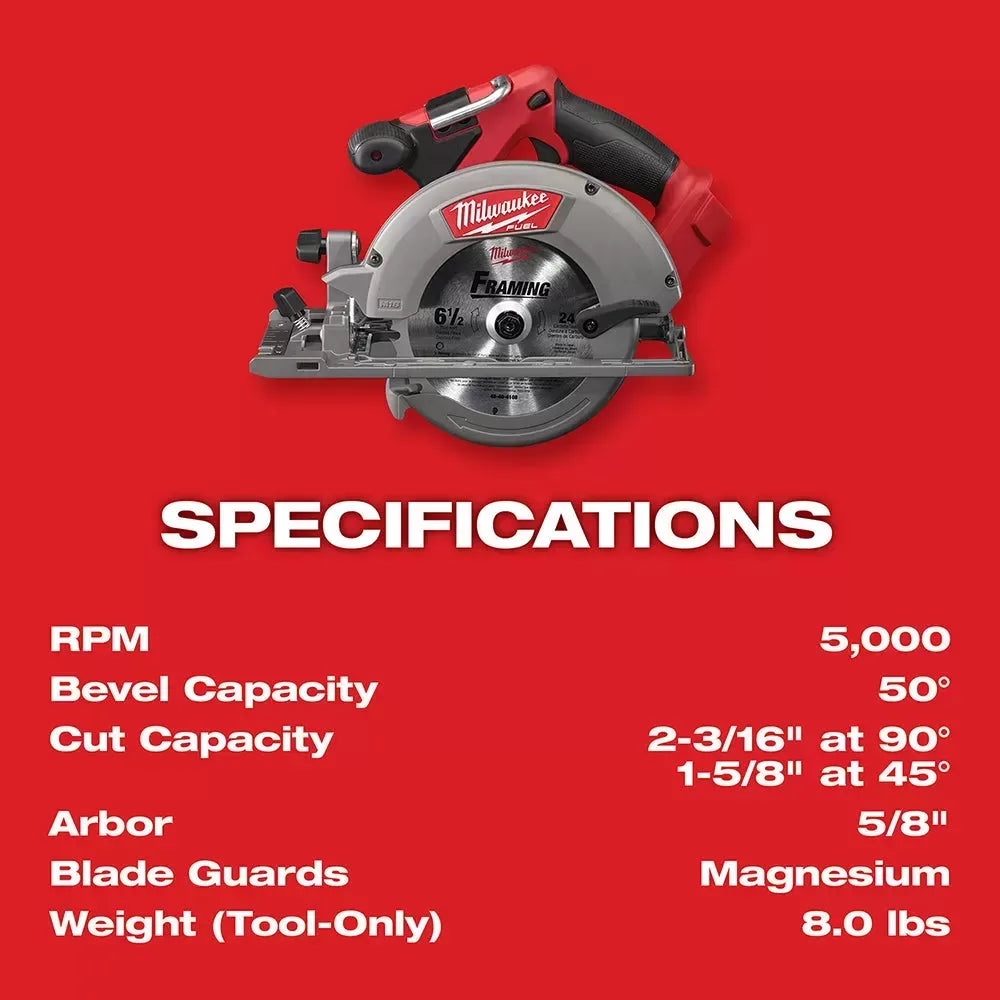 Milwaukee 2730-20 M18 FUEL 18V 6-1/2-Inch Circular Saw w/ Blade - Bare Tool