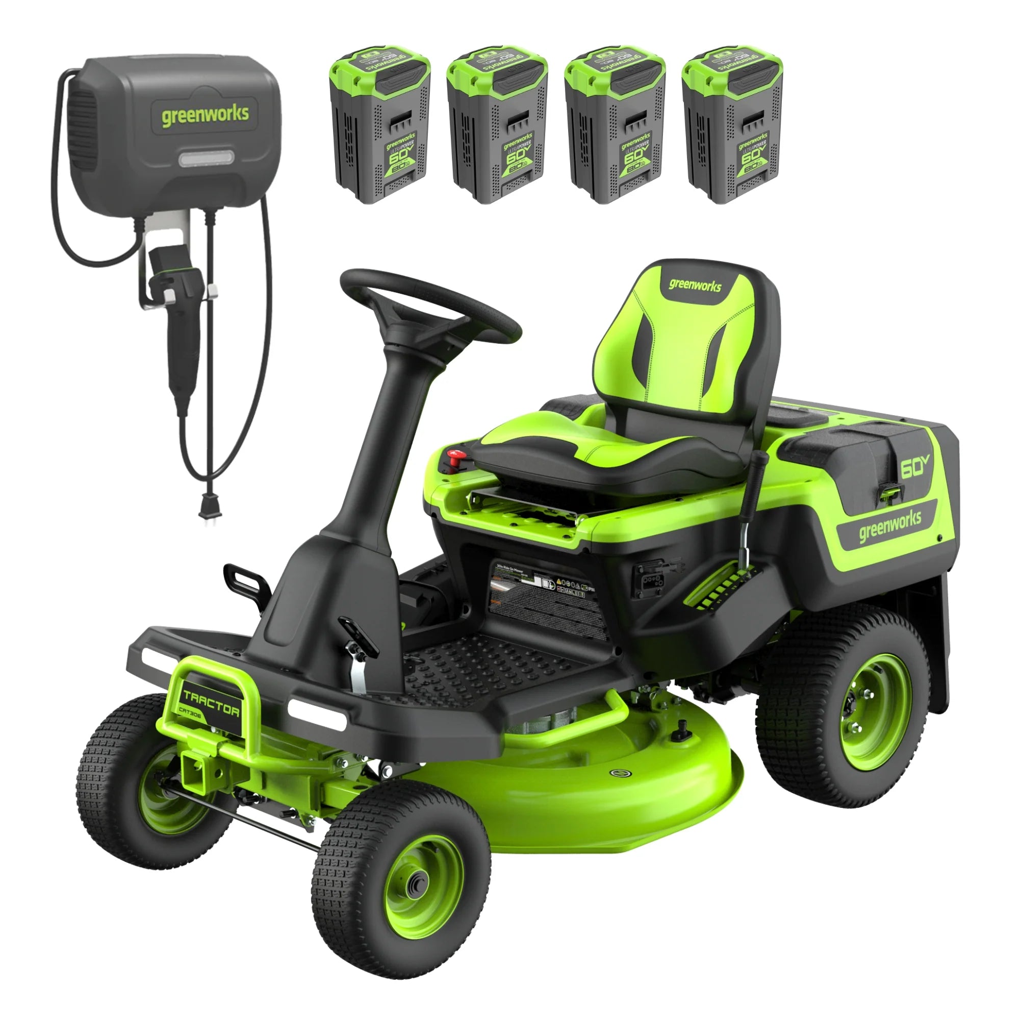 60V Compact Cordless Riding Lawn Mower with Four Batteries and Turbo Charger