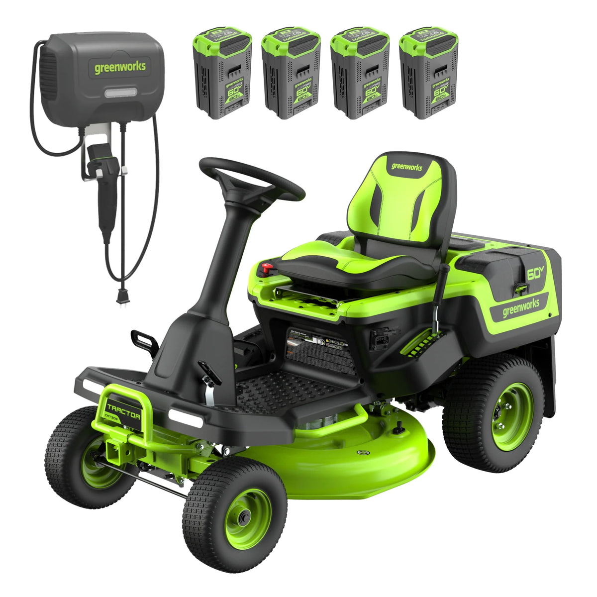 60V Compact Cordless Riding Lawn Mower with Four Batteries and Turbo Charger