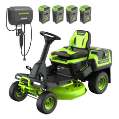 60V Compact Cordless Riding Lawn Mower with Four Batteries and Turbo Charger