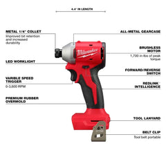 Milwaukee Pre-Sale 3650-20 M18 18V 1/4" Compact Brushless Hex Impact Driver - Bare Tool