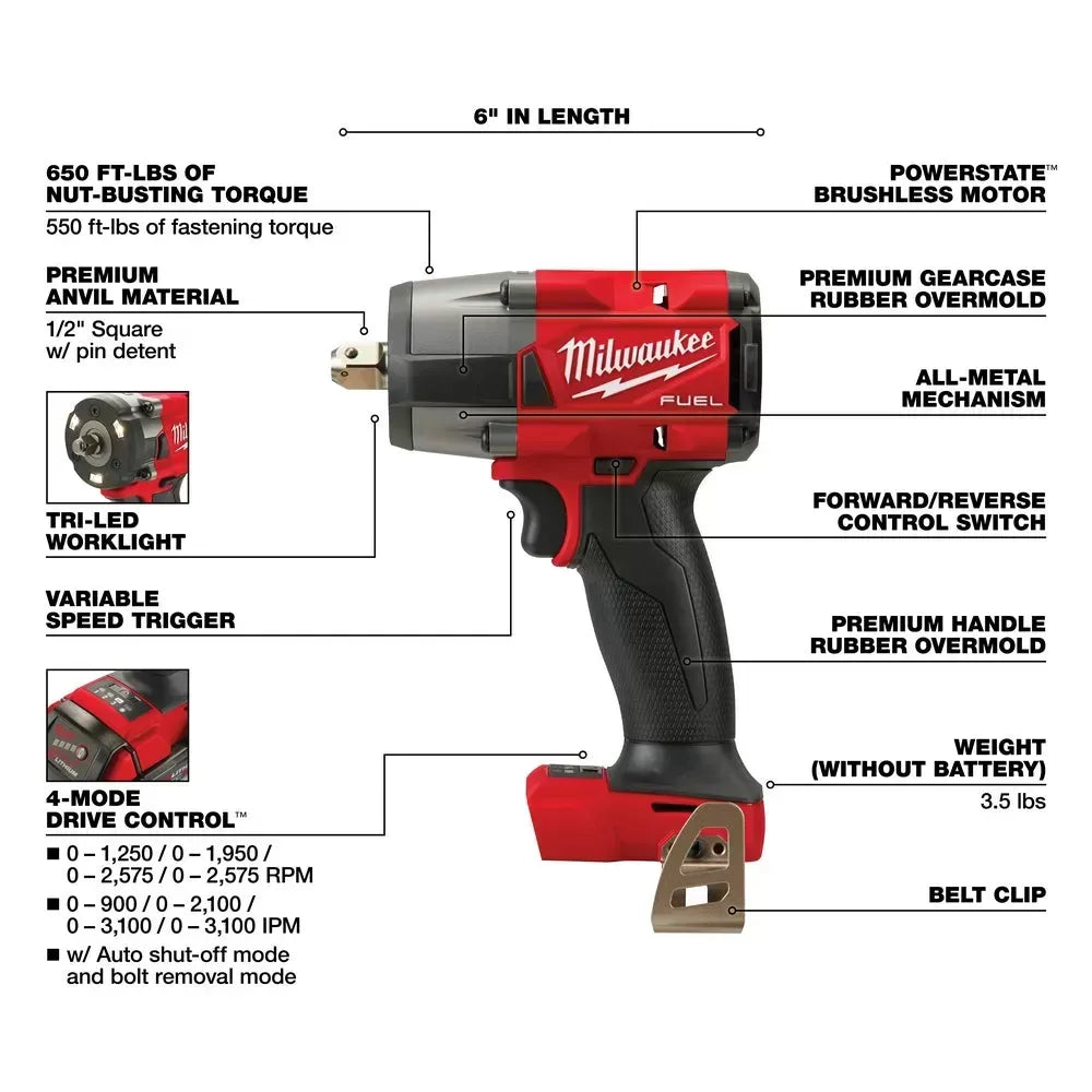 Milwaukee Pre-Sale 2962P-22R M18 FUEL 18V 1/2" Mid-Torque Impact Wrench w/ Pin Detent Kit