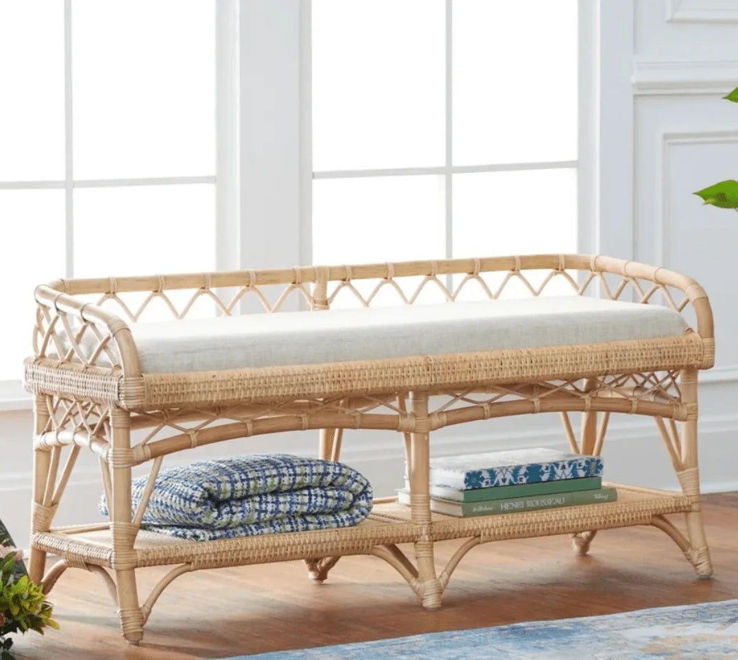 Natural Rattan Bench with Cream Cushion