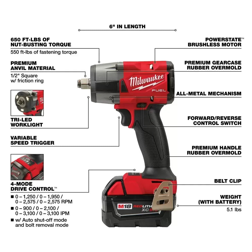 Milwaukee Pre-Sale 2962-22R M18 FUEL 18V 1/2" Mid-Torque Impact Wrench w/ Ring Kit