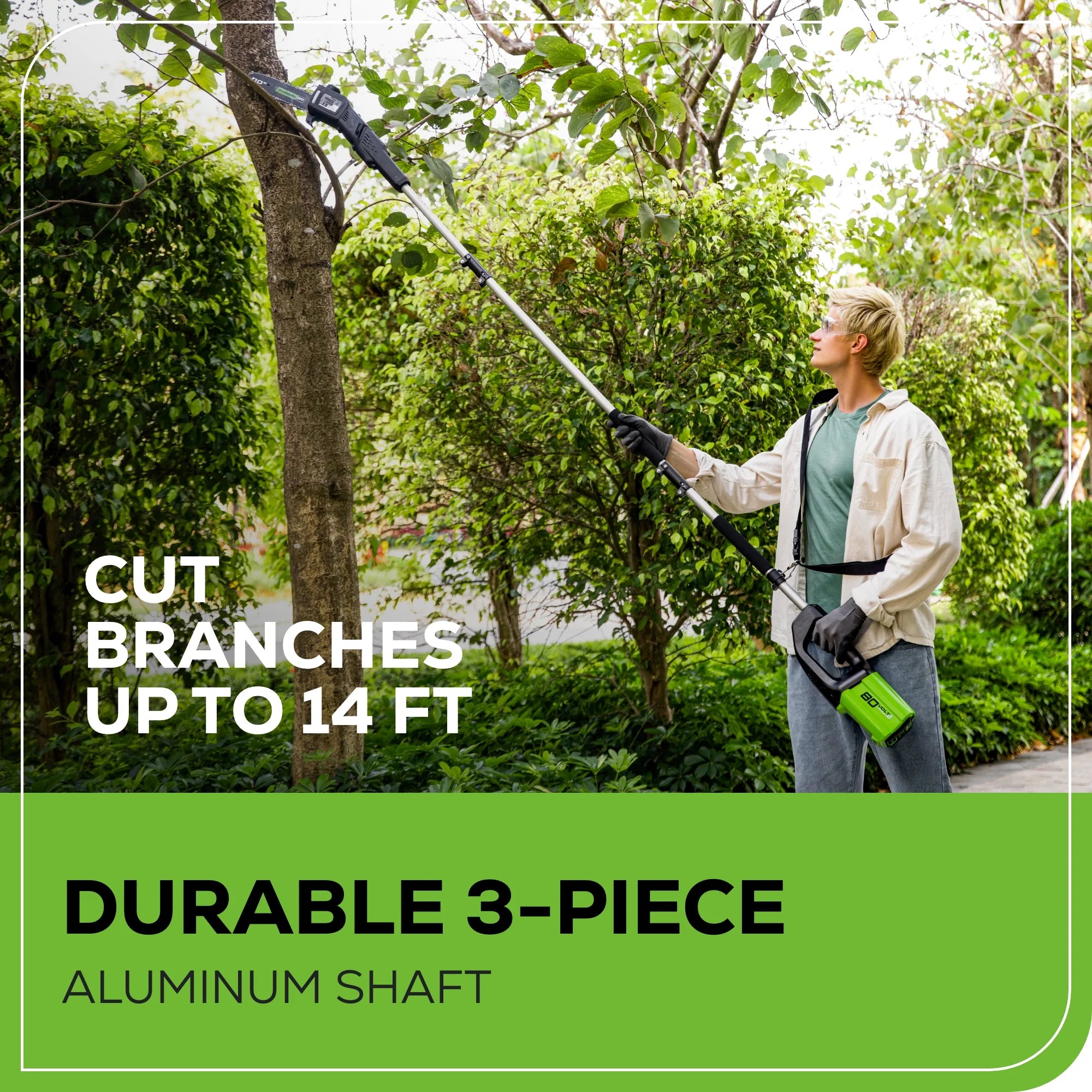 80V Cordless Pole Saw 10-Inch with 14-Foot Reach, 2.0Ah Battery and Charger