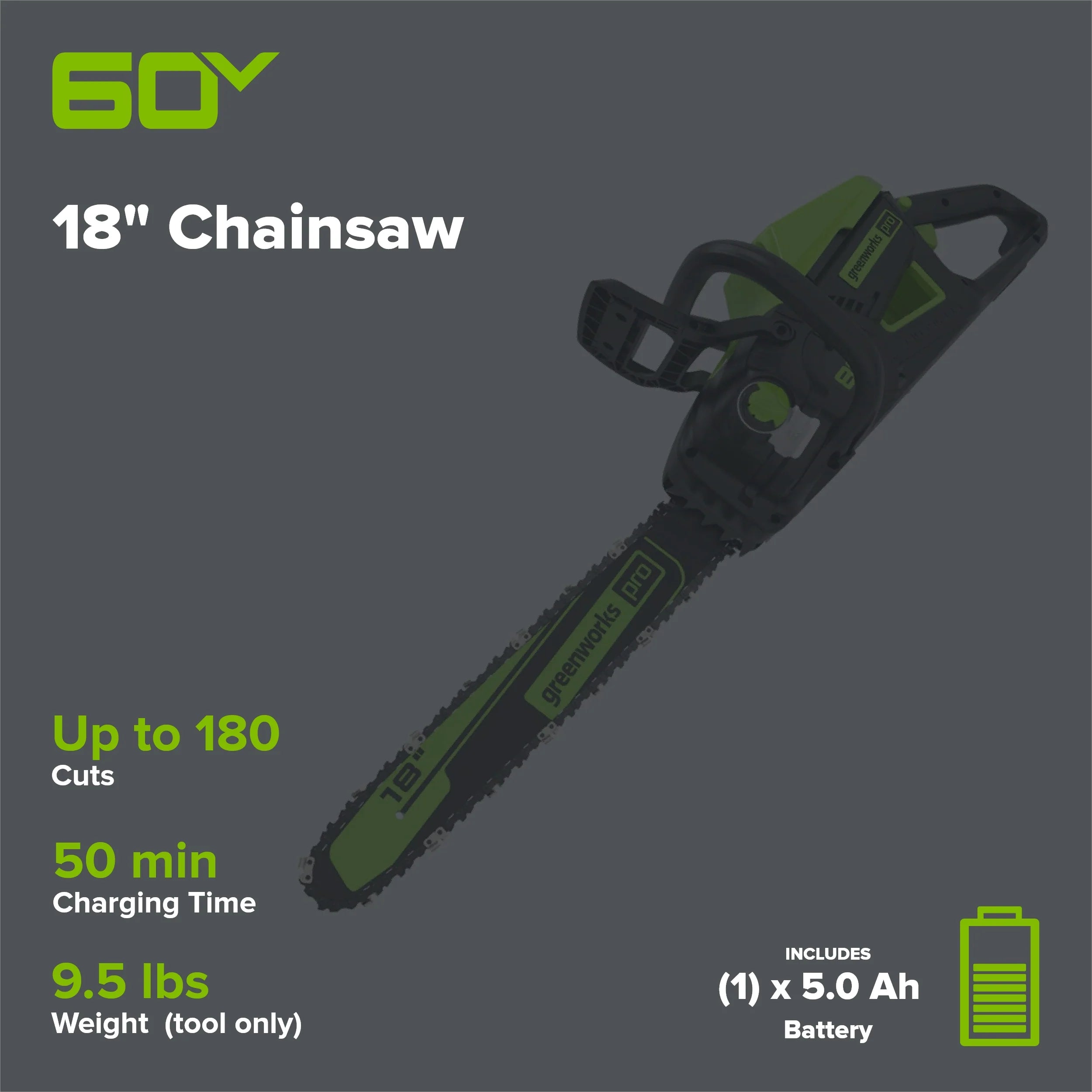 60V Cordless Chainsaw 18-Inch with 5.0Ah Battery and Charger