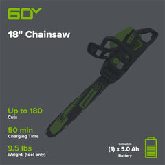60V Cordless Chainsaw 18-Inch with 5.0Ah Battery and Charger