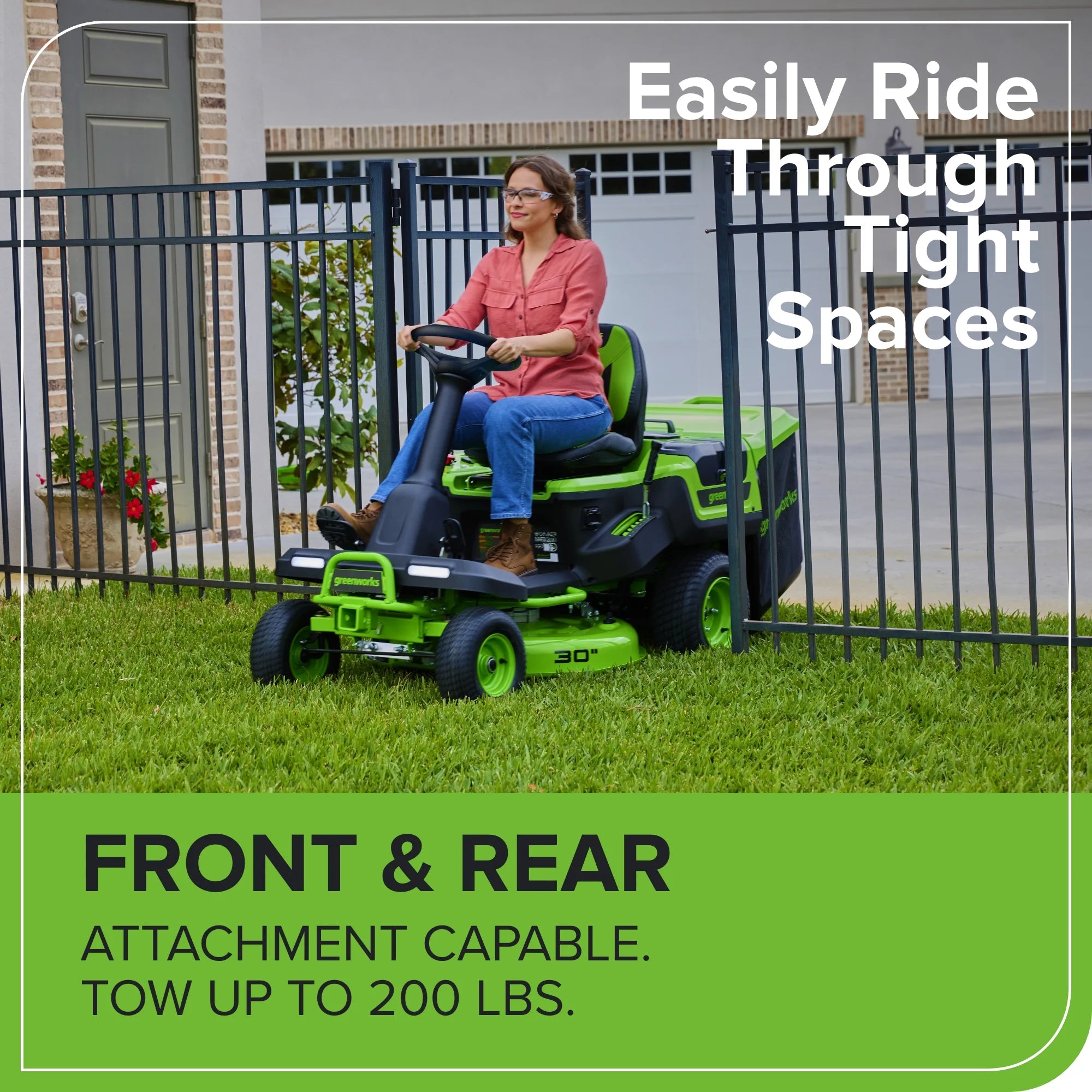 60V Compact Cordless Riding Lawn Mower with Four Batteries and Turbo Charger