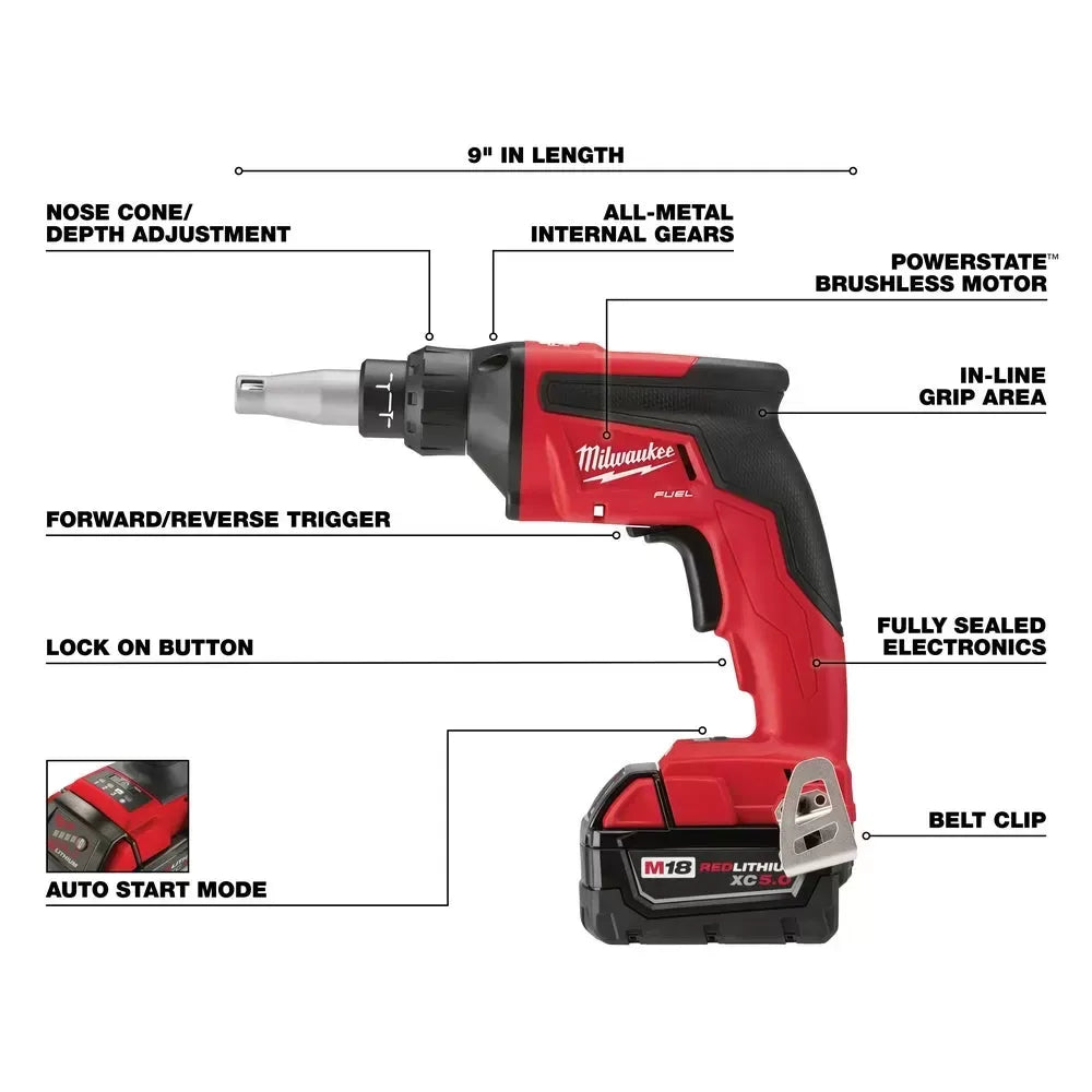Milwaukee 2866-22 M18 FUEL 18V 5.0Ah Auto Start Drywall Screw Gun Kit