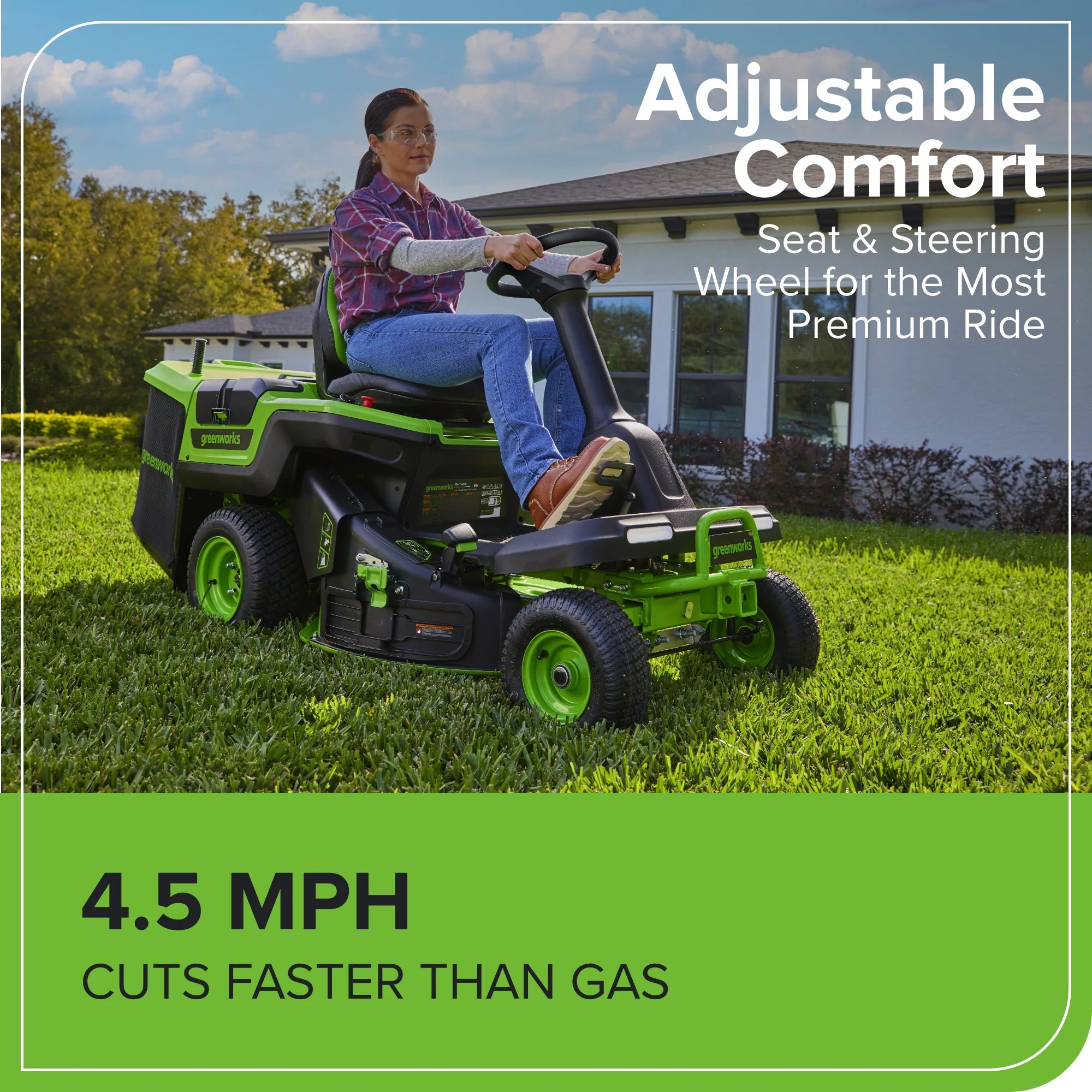 60V Compact Cordless Riding Lawn Mower with Four Batteries and Turbo Charger
