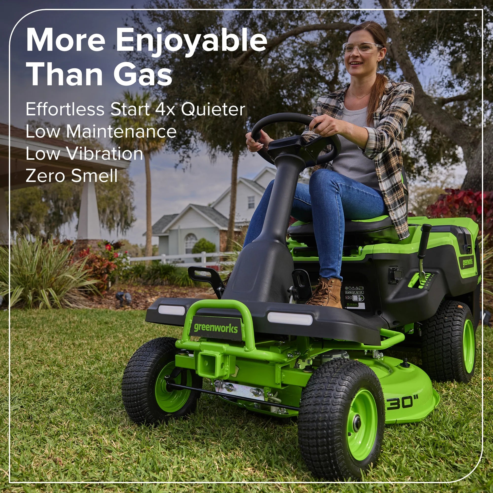 80V Compact Cordless Riding Lawn Mower with Four Batteries and Turbo Wall Charger