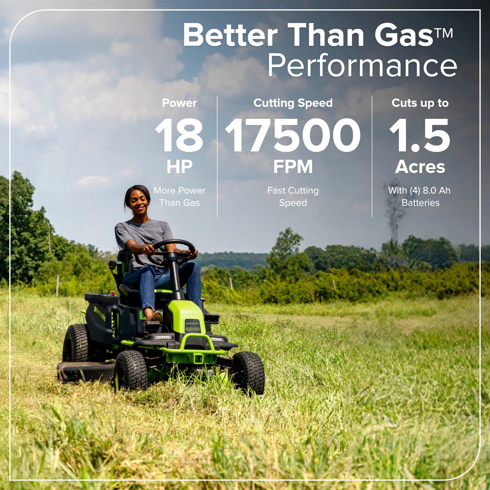 60V Cordless Riding Lawn Mower with Four Batteries and Wall Charger