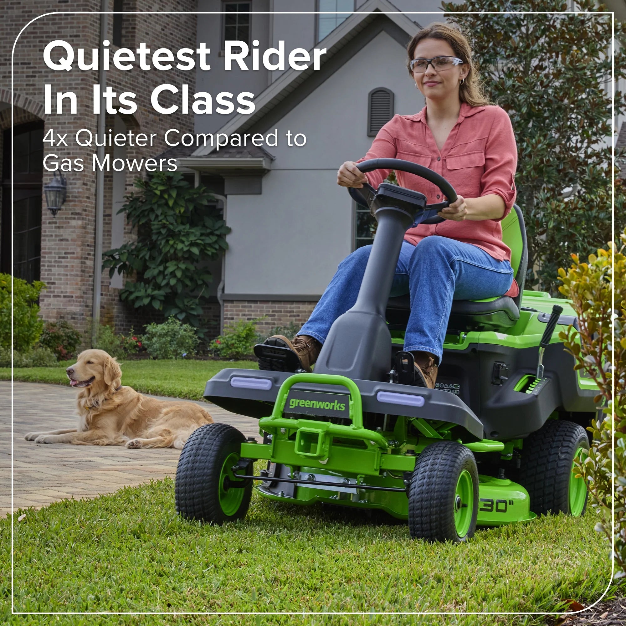 80V Compact Cordless Riding Lawn Mower with Four Batteries and Turbo Wall Charger