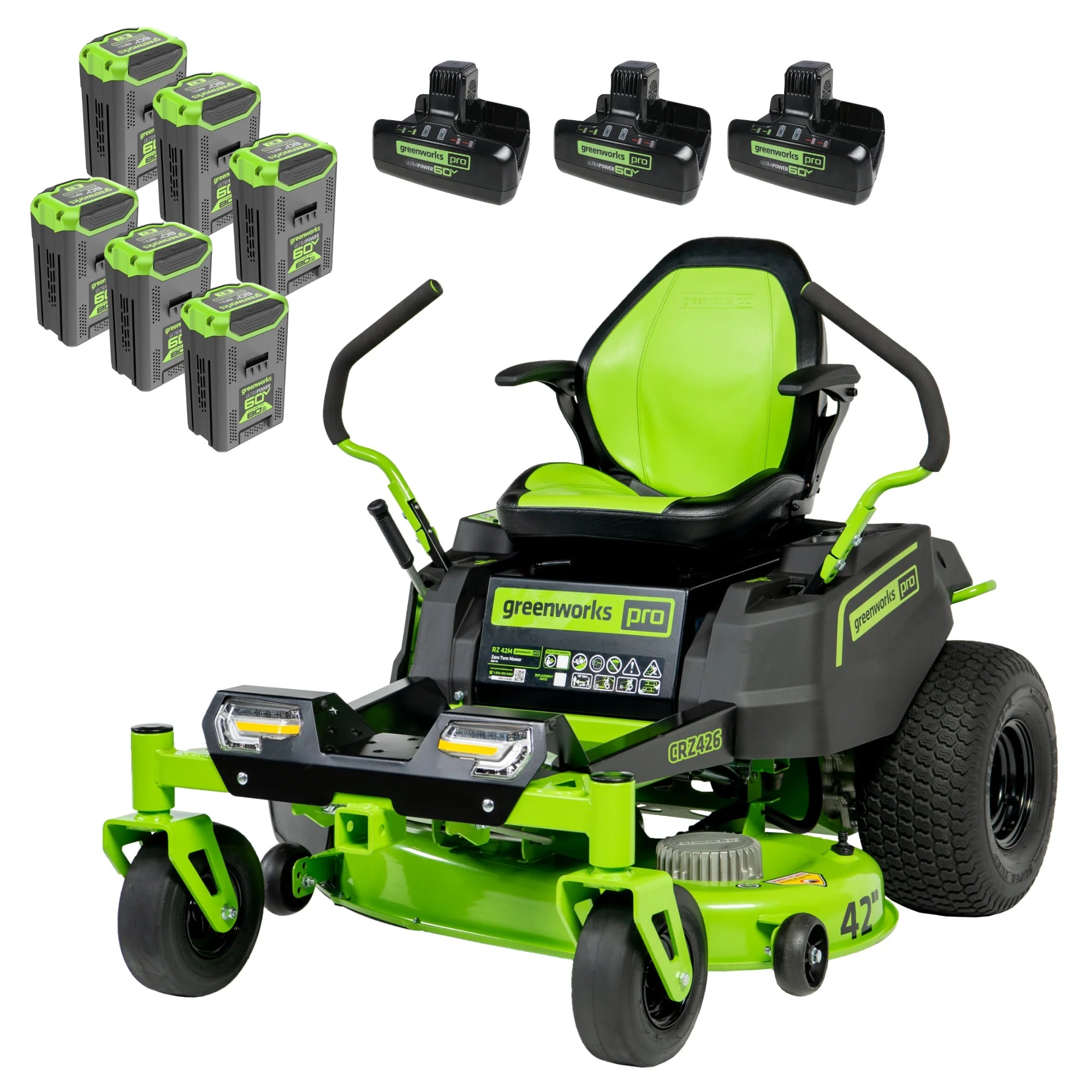 60V Cordless Zero Turn Riding Lawn Mower with Six Batteries and Turbo Chargers