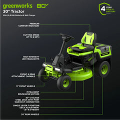 80V Compact Cordless Riding Lawn Mower with Four Batteries and Turbo Wall Charger