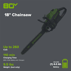 80V Cordless Chainsaw 18-Inch with 4.0Ah Battery and Charger