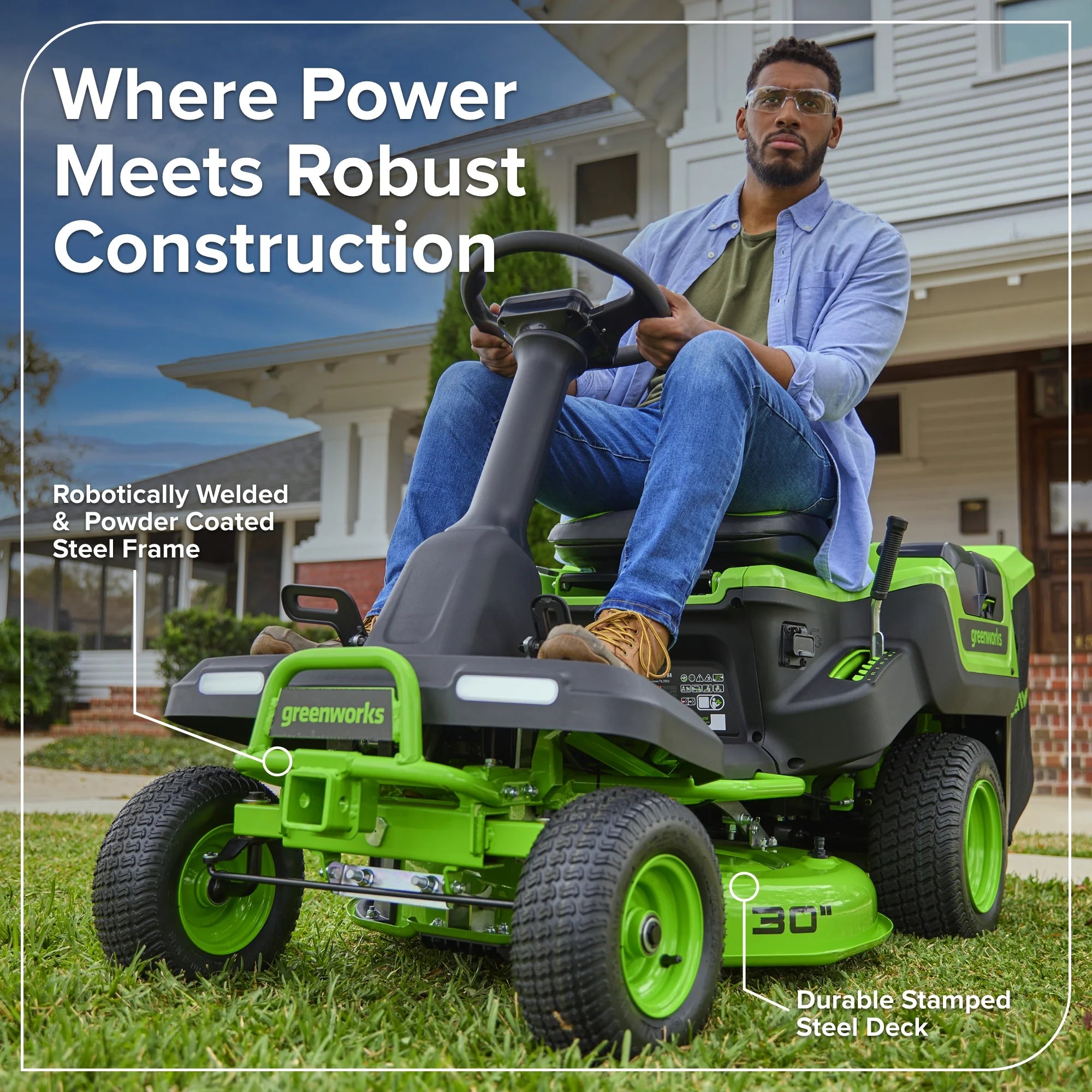 80V Compact Cordless Riding Lawn Mower with Four Batteries and Turbo Wall Charger