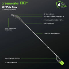 80V Cordless Pole Saw 10-Inch with 14-Foot Reach, 2.0Ah Battery and Charger