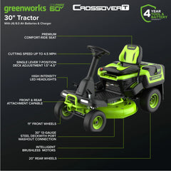 60V Compact Cordless Riding Lawn Mower with Four Batteries and Turbo Charger