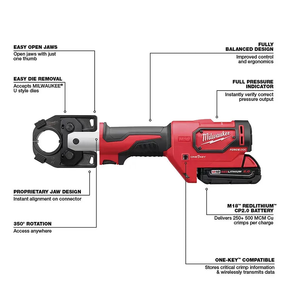 Milwaukee 2679-22 M18 18V FORCE LOGIC 600 MCM Crimper Kit w/ Cable Stripper Dies
