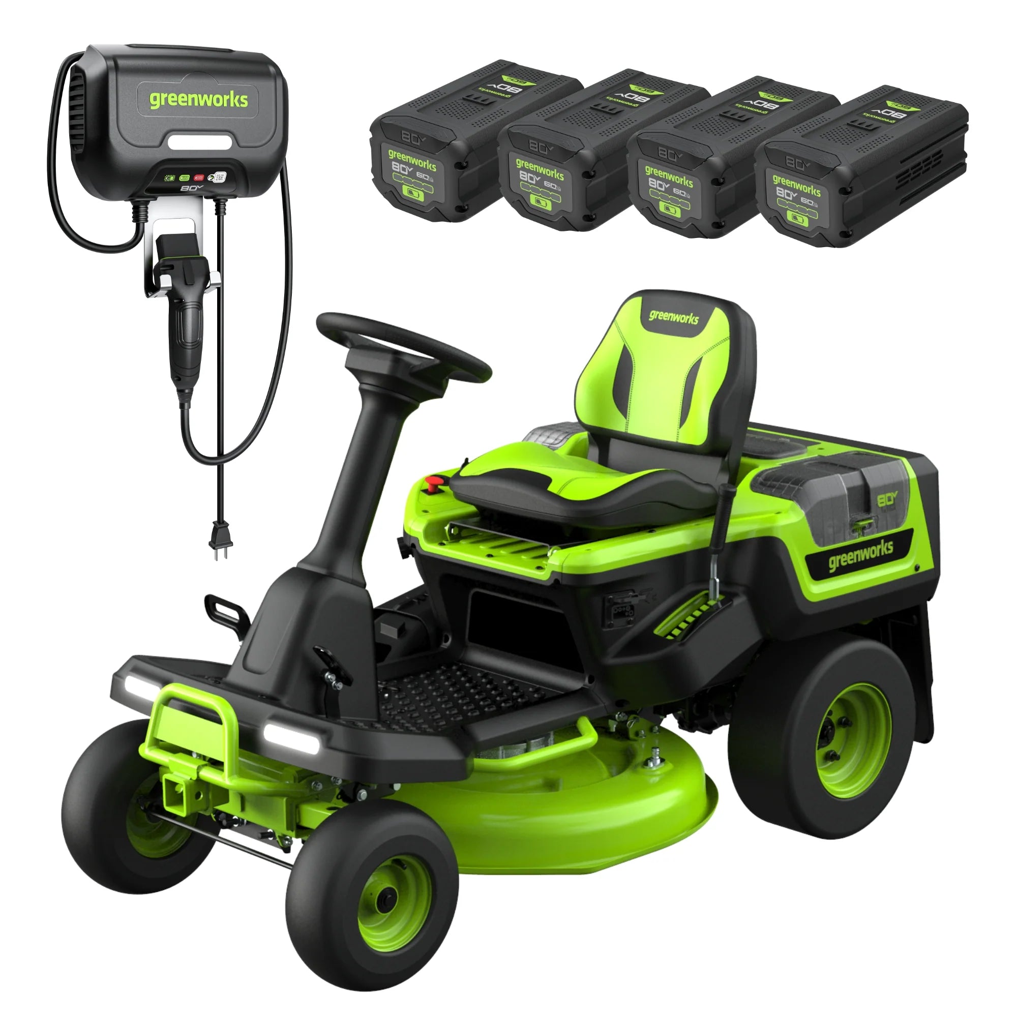 80V Compact Cordless Riding Lawn Mower with Four Batteries and Turbo Wall Charger