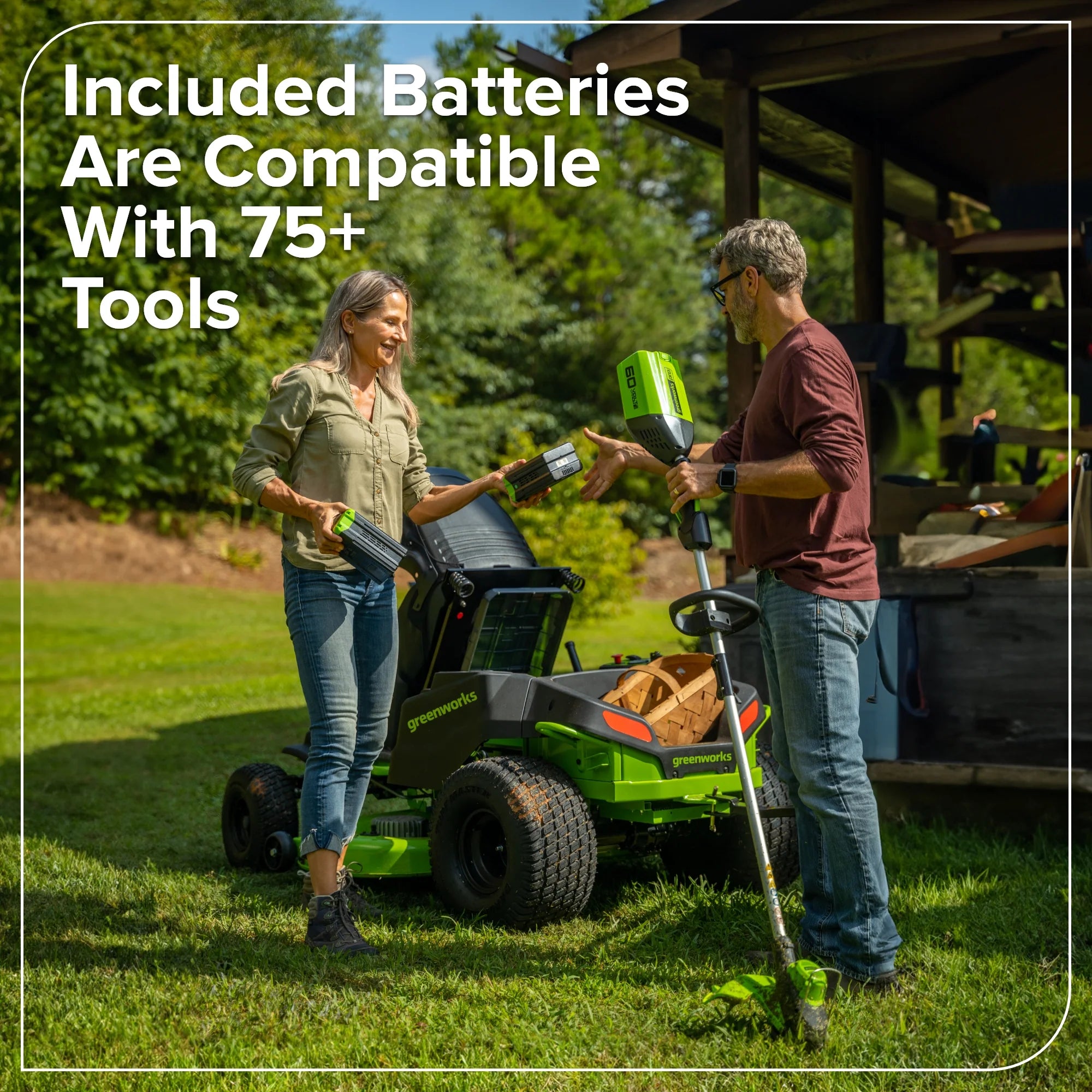 60V Cordless Riding Lawn Mower with Four Batteries and Wall Charger