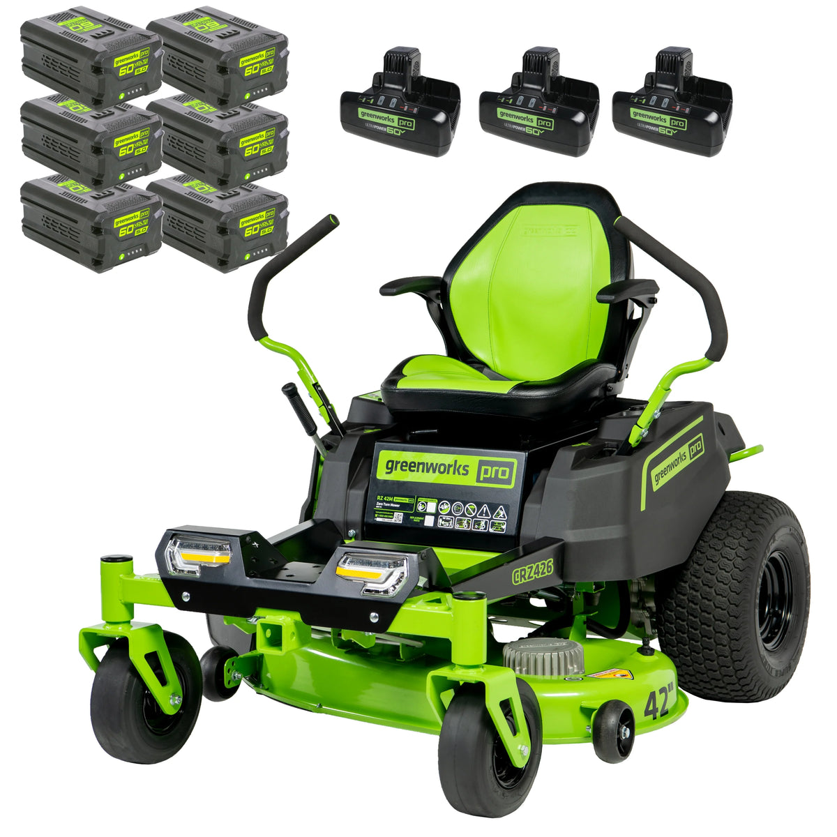 80V Cordless Riding Lawn Mower 42-Inch Deck with Six Batteries and Turbo Chargers