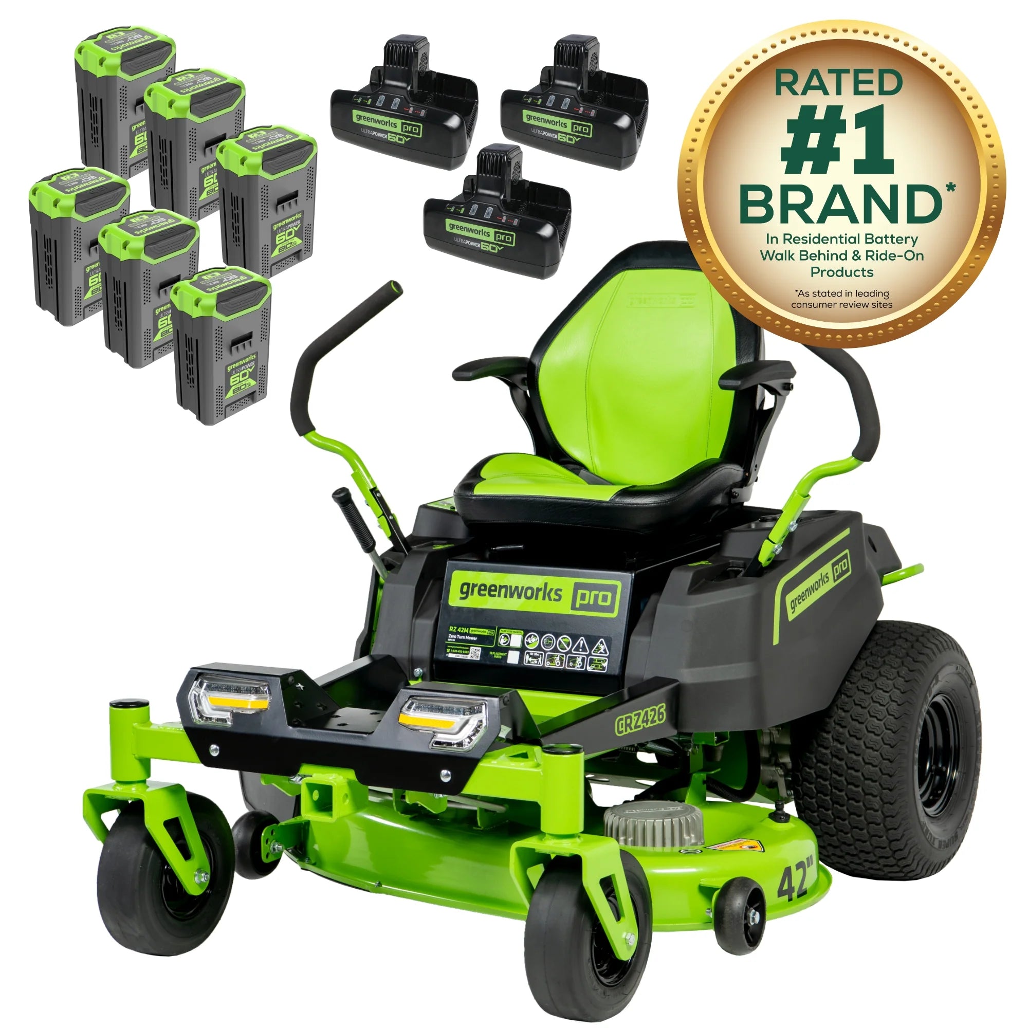 60V Cordless Zero Turn Riding Lawn Mower with Six Batteries and Turbo Chargers