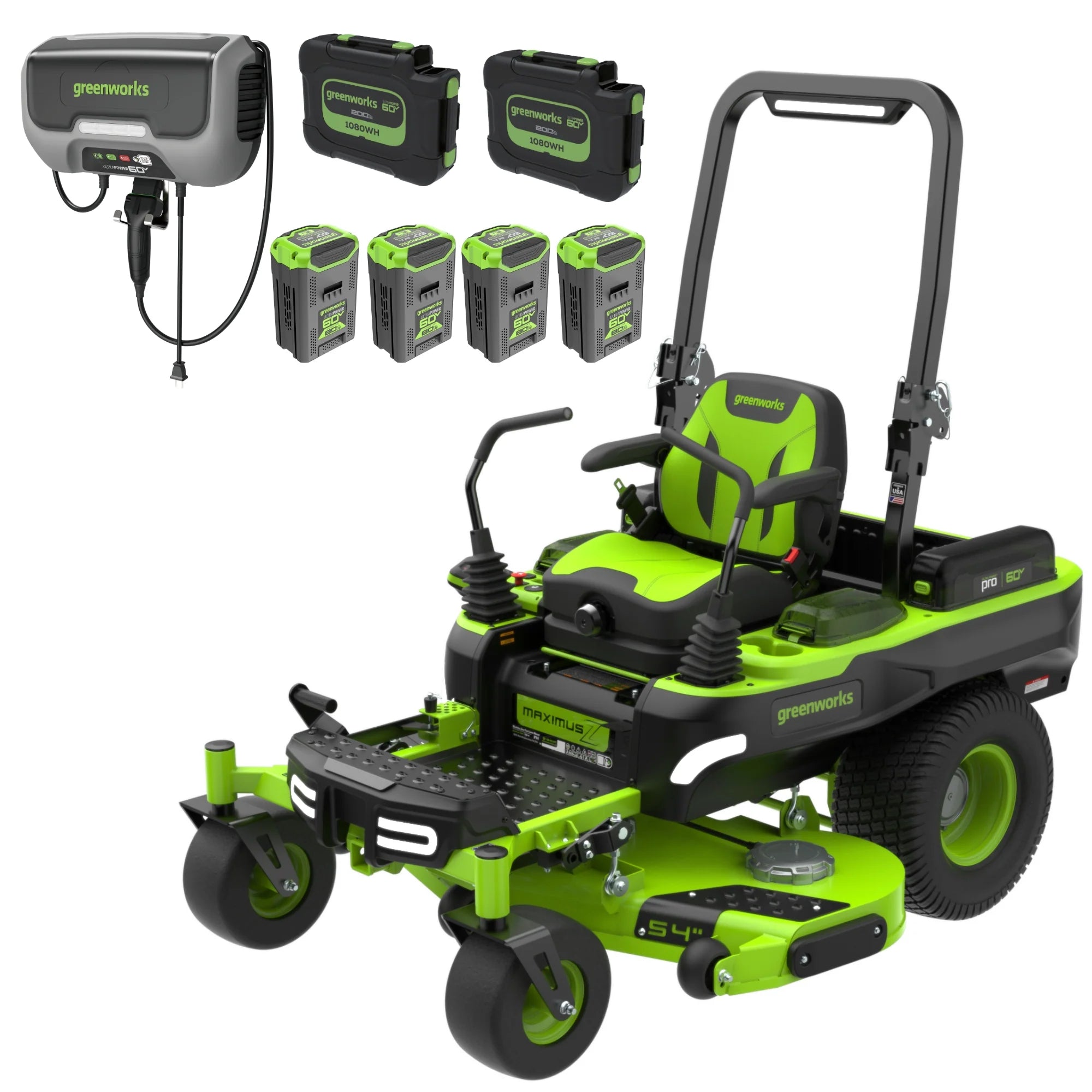 60V Cordless Zero Turn Riding Lawn Mower with 6 Batteries and Charger