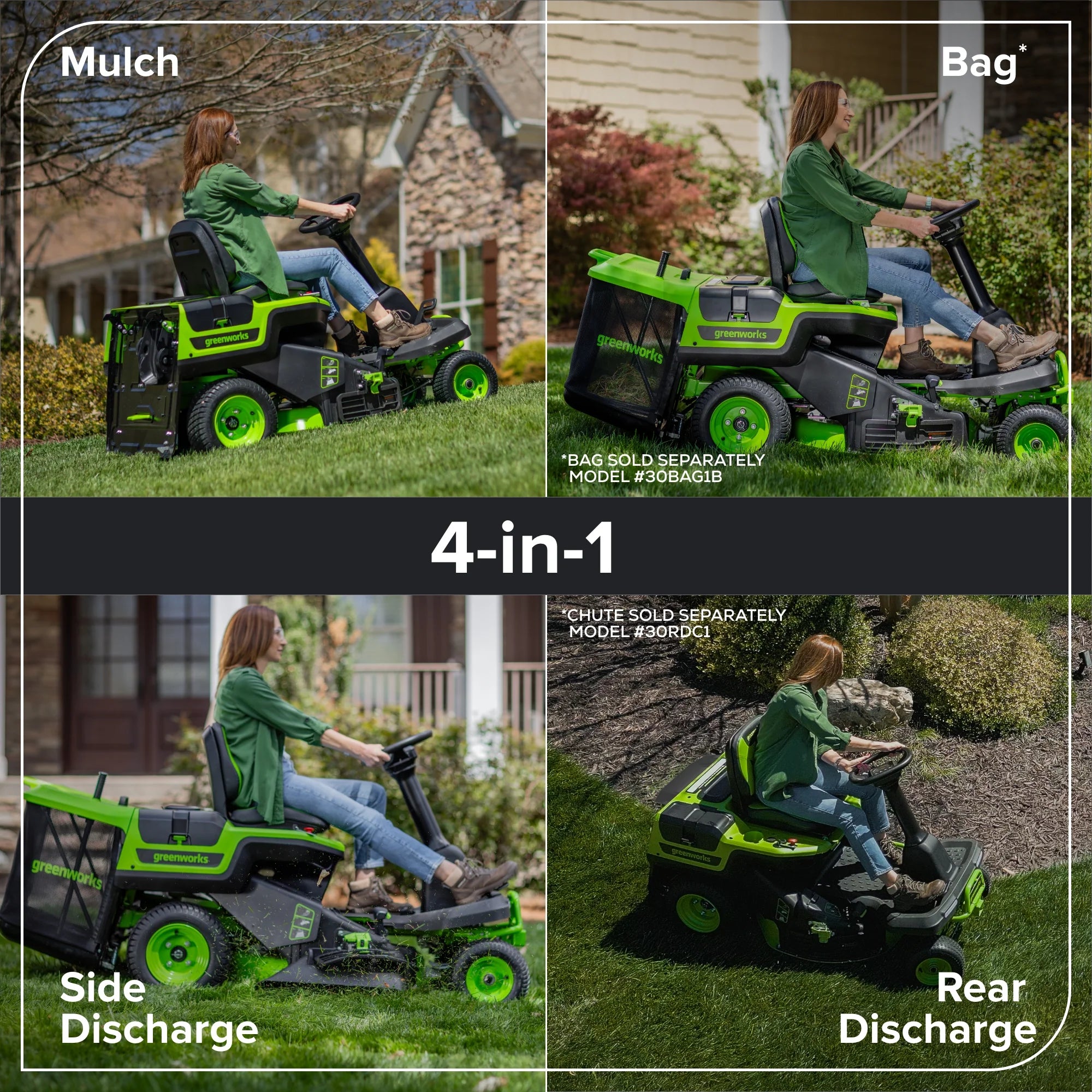 80V Compact Cordless Riding Lawn Mower with Four Batteries and Turbo Wall Charger