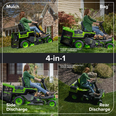 80V Compact Cordless Riding Lawn Mower with Four Batteries and Turbo Wall Charger