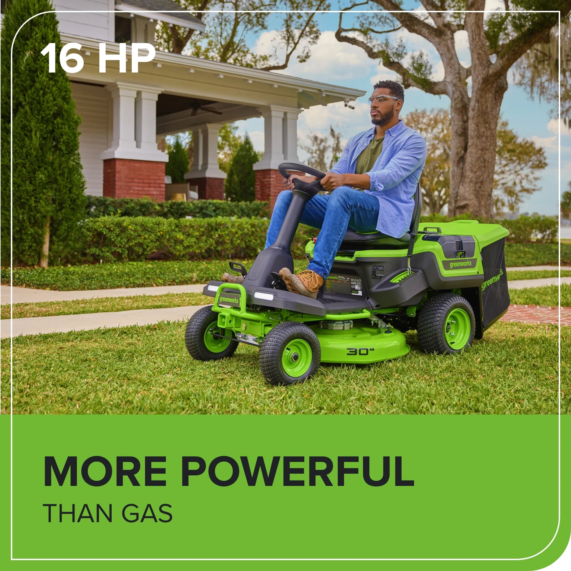 60V Compact Cordless Riding Lawn Mower with Four Batteries and Turbo Charger