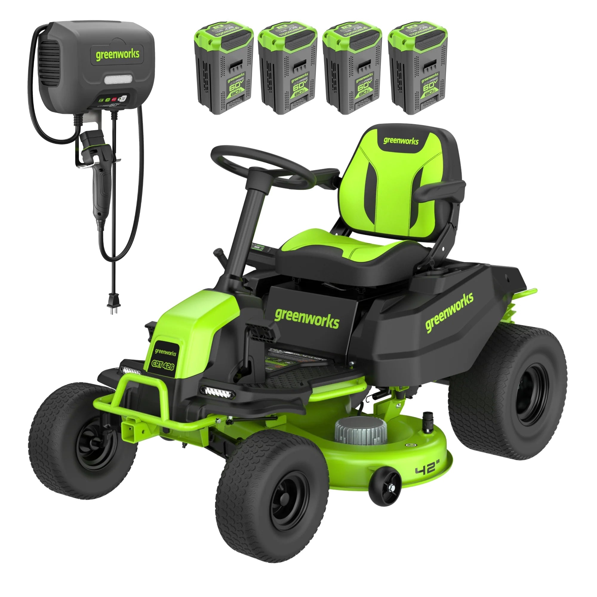 60V Cordless Riding Lawn Mower with Four Batteries and Wall Charger